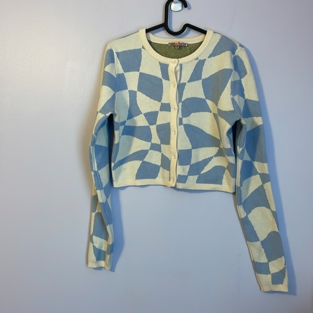 Bailey Rose Rare Cropped Smiley Face Knit Button Front Cardigan Sweater size M